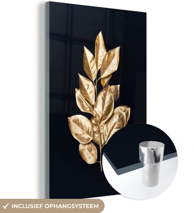 MuchoWow® Glasschilderij 120x180 cm - Schilderij acrylglas - Plant - Bladeren - Goud - Zwart - Luxe - Foto op glas - Schilderijen