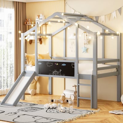 Kinderenbed Hoogslaper 90x200 cm Grijs met Veiligheidsleider, Rutsche, Krijtbord en Huisontwerp – Multifunctioneel Hoogbed voor Kinderen