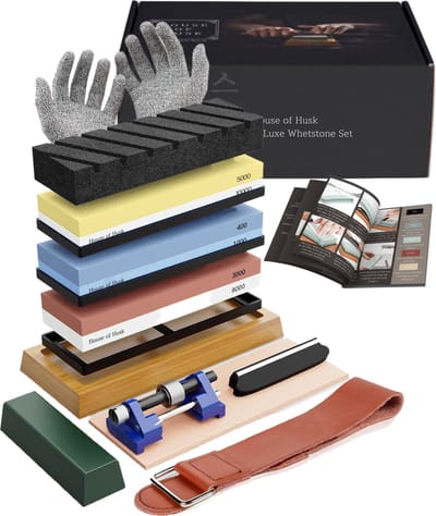 House of Husk Complete Messenslijpers met Vlaksteen en Instructies - Slijpsteen voor Messen en Gereedschappen - Wetsteen Slijpsteen Set 150 400 1000 3000 8000 en 5000 10000- Edelkorund