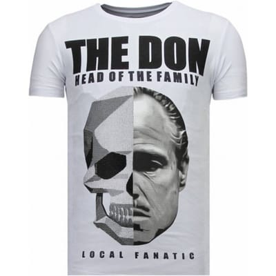 T shirt Heren - T shirt Heren met Print - Heren Tshirt met Opdruk The Don Skull - Rhinestone Funny Shirt - Wit