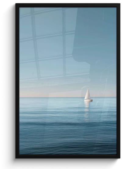 Poster in lijst - Fotolijst 60x90 cm - Posters - Zeilbootje - Kalme zee - Helderblauwe hemel - Posterlijst zwart - Decoratie - Wanddecoratie woonkamer - Muurdecoratie slaapkamer