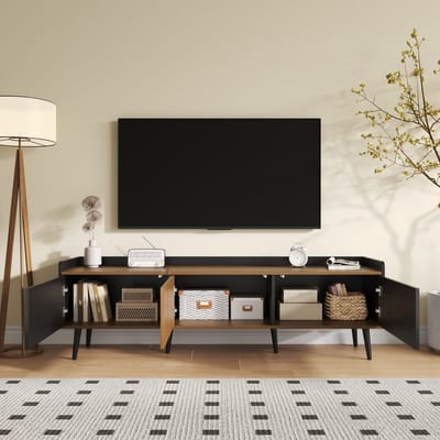 Wishdor Tv-Meubel - Drie Deuren - Gestreepte Deurfronten - Opstaande Rand - Zwart En Naturel - 160 X 39 X 49,5 Cm