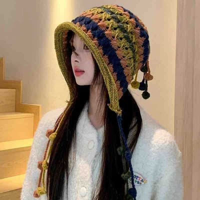 Japanse Handgemaakte Gehaakte Gekleurde Wolmuts voor Dames in Herfst en Winter Verdikte Warme Oorbescherming Gebreide Muts Met Pompon Pullover Muts One Size brown