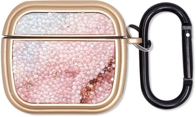Casemania Hoesje Geschikt voor Apple AirPods 4 - Goud - Diamant Marmer Glitter Cover met Ring en Sleutelhanger