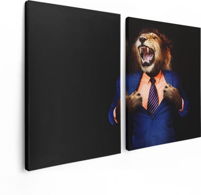 Artaza Canvas Schilderij Tweeluik Leeuw In Pak - Leeuwenkop - 120x80 - Foto Op Canvas - Canvas Print