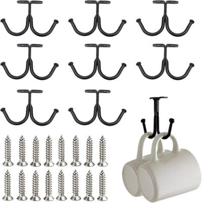 Onderste plank haak met schroeven, set van 8 zwarte dubbele haken voor opslag en organisatie