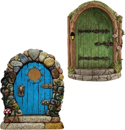 Houten feeën deuren voor tuin - Miniatuur feeënhuis - Blauw en groen - Creëer een magische sfeer - ShopVlot