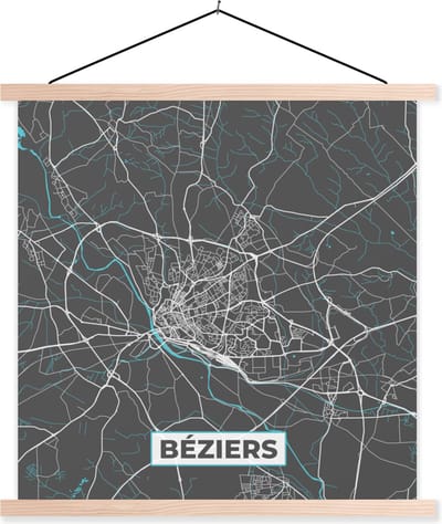 Posterhanger incl. Poster 40x40 cm - Schoolplaat - Béziers – Plattegrond – Frankrijk – Kaart – Stadskaart - Textielposter - Blanke latten - Stadskaart