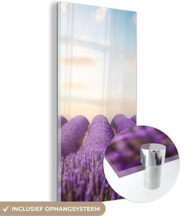 MuchoWow® Glasschilderij 20x40 cm - Schilderij acrylglas - Lavendel - Lucht - Wolken - Bloemen - Foto op glas - Schilderijen