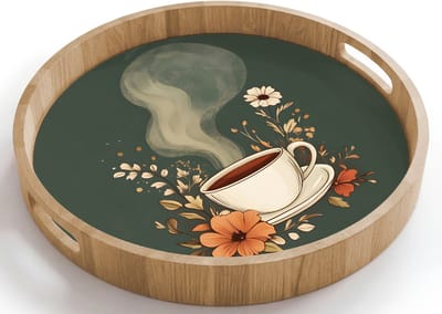Dienblad rond 40x40 cm - Schootdienblad hout - Kop - Bloemen - Groen - Koffie - Borrelplank rechthoek - Plateau houten dienbladen
