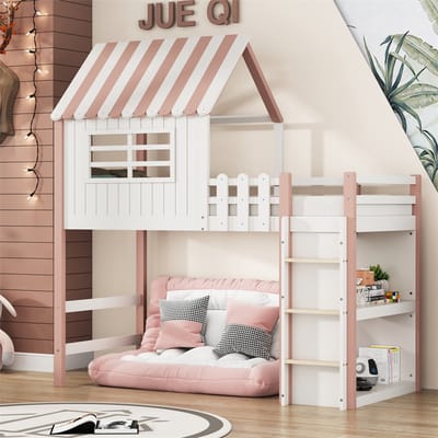 YEHTOKHOME Hoogslaper 90x200 cm, kinderbed van massief hout met trap, valbescherming met opbergvak, voor jongens en meisjes, dakvorm, roze (zonder matras)