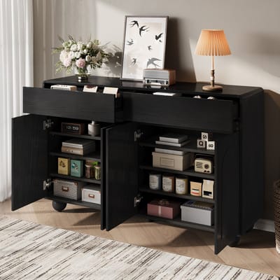 OKWISH Dressoir – Gebogen Deurontwerp – 140x38x89 cm – 4 Deuren En 2 Lades – Verstelbare Planken – Moderne Opbergruimte – MDF Zwart