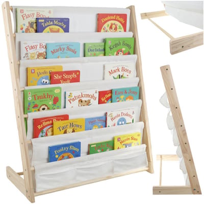 MOZY® - Houten Boekenkast - Kinderkamer - met 6 stoffen vakken - 79 x 62.5 x 30 cm - Kinderboekenkast - Boekenrek - Montessori Boekenkast