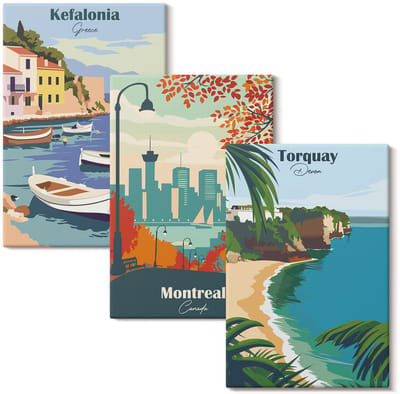 Wallfluent Set van canvas schilderijen - Stadsgezichten en landschappen uit Griekenland, Canada en Australië Canvas Schilderijen Set - set 3 stuks 20x30 cm - Veelkleurig Set van Canvas Prints - Steden Canvas Kunst Set - Boheemse Canvas Kunst Set
