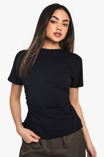 boohoo Dames Jersey T-shirt met gerimpelde taille en capmouwen | Zwart | Maat: 40