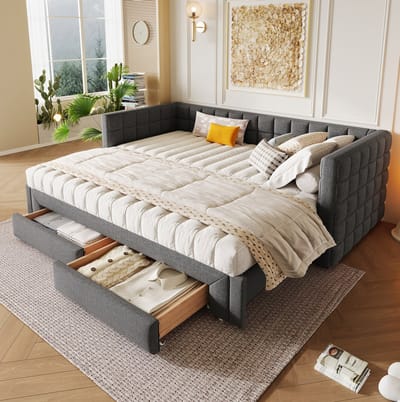 MEUNIQ slaapbank daybed 90 x 200 cm uitschuifbaar met 2 lades en vierkante rugleuning, bedbank zonder matras voor slaapkamer of logeerkamer, grijs