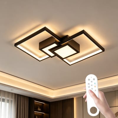 Epochglo Moderne LED Plafondlamp met Geheugenfunctie, Timer & Nachtlampje - Zwart Plafonnière (60x37cm) - 35W 3150LM - Geometrisch Vierkant Design - Dimbaar met Afstandsbediening (3000K-6500K) - Plafondverlichting voor Woonkamer & Slaapkamer