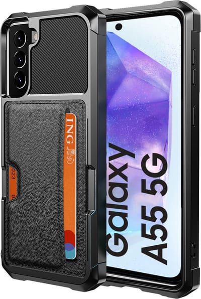 Geschikt voor Samsung Galaxy A55 Hoesje - Pasjes houder Hoesje – Pasjes houder Hoesje - Heavy Duty Case - Magnetisch Portemonnee Hoesje Cover - Zwart