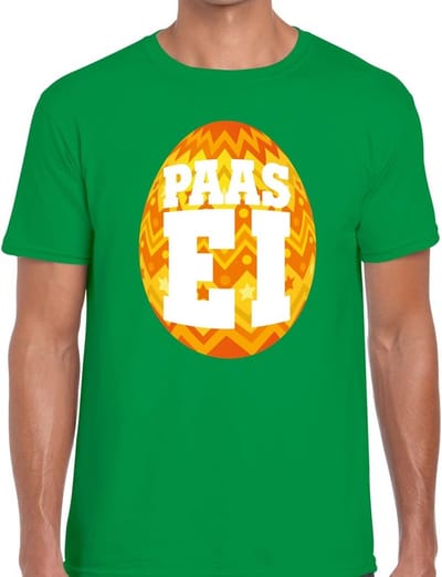 Groen Paas t-shirt met oranje paasei - Pasen shirt voor heren - Pasen kleding S