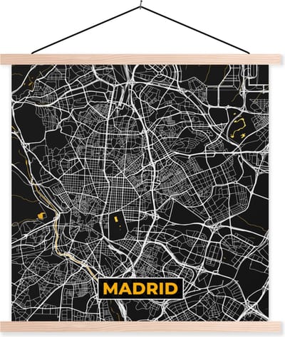 Posterhanger incl. Poster 40x40 cm - Schoolplaat - Madrid - Goud - Stadskaart - Plattegrond - Kaart - Textielposter - Blanke latten - Stadskaart