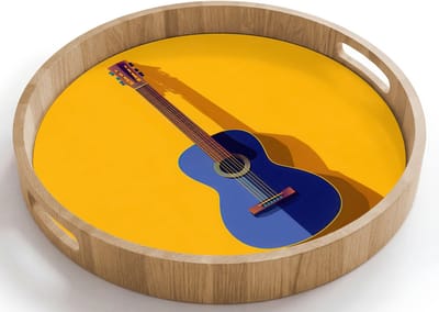 Dienblad rond 40x40 cm - Schootdienblad hout - Gitaar - Akoestisch - Minimalistisch - Geel - Borrelplank rechthoek - Plateau houten dienbladen