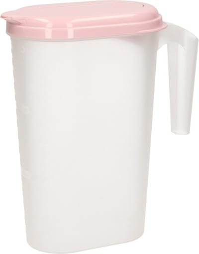 Plasticforte Waterkan - Sapkan - transparant/roze - met deksel - 1.6 liter - kunststof - Smalle schenkkan die in de koelkastdeur past