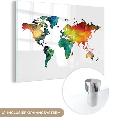® Glasschilderij 180x120 cm - Schilderij acrylglas - Wereldkaart - Waterverf - Groen - Foto op glas - Muurdecoratie woonkamer - Wanddecoratie slaapkamer - Schilderijen