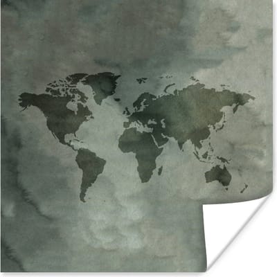 Poster 30x30 cm - Wereldkaart - Grijs - Simpel - Posters - Kamer decoratie - Wanddecoratie woonkamer - Muurdecoratie slaapkamer