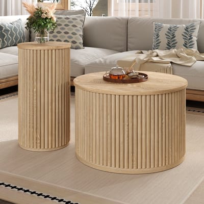 Salontafel - twee ronde tafels - bijzettafel met massief houten blad - multifunctionele woonkamer tafel