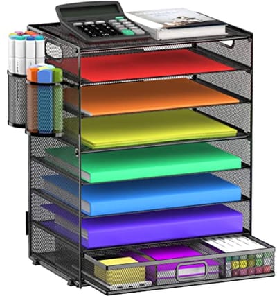 8 Laags Papier Brievenlade Organizer met Lade en Penhouders - Houten Bureau File Houder voor Thuis, School en Kantoor