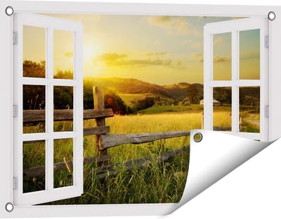 Gards Tuinposter Doorkijk Boerderij Hekken op het Grasveld - 60x40 cm - Tuindoek - Tuindecoratie - Wanddecoratie buiten - Tuinschilderij