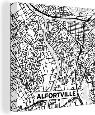 Canvas Schilderij Stadskaart - Plattegrond - Kaart - Alfortville - Frankrijk - Zwart wit - 20x20 cm - Wanddecoratie