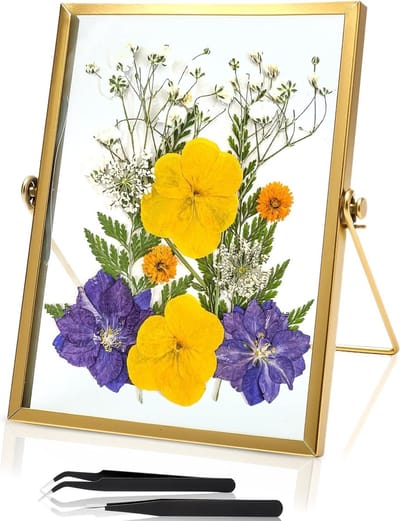 Dubbelzijdig Glazen Fotolijst 15 x 20 cm voor Gedroogde Bloemen en Foto's, Staande Lijst met Gouden Accenten