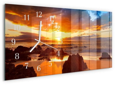 Tulup Wandklok - Zonsondergang Gekleurde Glazen Klok - 60x30 cm - Oranje Glazen Klok Met Print - Witte Handen - Rechthoekige Wandklok - Klok Glas Met Opdruk - Moderne Wandklok Glas
