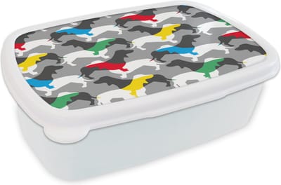 Broodtrommel Wit - Lunchbox - Brooddoos - Honden - Teckel - Patronen - 18x12x6 cm - Volwassenen
