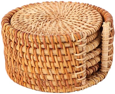 Ynkkvre - Onderzetters - Bamboe Onderzetters - Rotan onderleggers - Onderzettersset - Handgevlochten - 6-Delig - Incl. Opbergmand - Natuurlijk Rotan