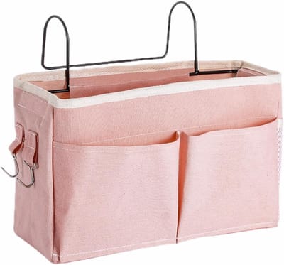 Famanu - Bedorganizer, bedtas met ophanghaken, hoogslaper, opbergtas voor boek, tijdschrift, mobiele telefoon, hoofdtelefoon, bed, opslag (roze)