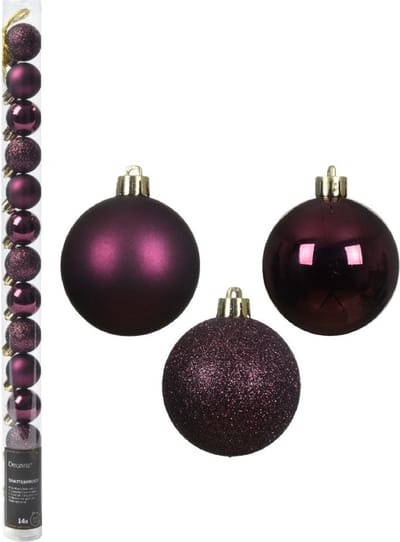 Decoris Mini kerstballen - 14x st - donkerpaars - D3 cm - kunststof - kerstversiering
