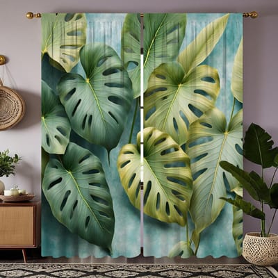 2-delige set HD Zuidoost-Azië bananenblad decoratief gordijn Groene bind digitaal bedrukt gordijn Woondecoratie stijl Gedecoreerd l W52H63inchW132H160cm black