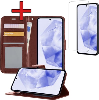 Hoesje - Met Screenprotector - Geschikt voor Samsung Galaxy A35 - Luxe Pasjeshouder - Flipcase - Bookcase Portemonee - Flip Case - Kunstleer Book Case - Book Cover - Walletcase - Portemonneehoes - Telefoonhoes - Bruin