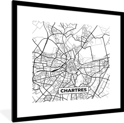 Fotolijst incl. Poster Zwart Wit- Stadskaart – Frankrijk – Chartres - Kaart – Plattegrond - Zwart wit - 40x40 cm - Posterlijst