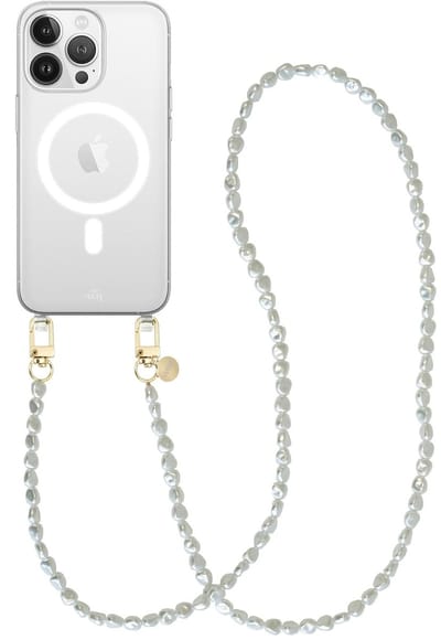 xoxo Wildhearts magnetisch hoesje geschikt voor iPhone 16 Pro Max MagSafe - Pearlfection - Transparant telefoonhoesje met koord - Telefoonkoord met parels - Parelketting - Lang koord