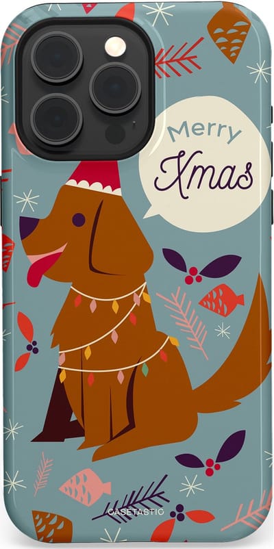 Casetastic hoesje geschikt voor Apple iPhone 15 Pro Max - MagSafe - Dubbellaagse bescherming - Merry Christmas Hond - Fashion Case - Zilver Bruin Saliegroen Rood