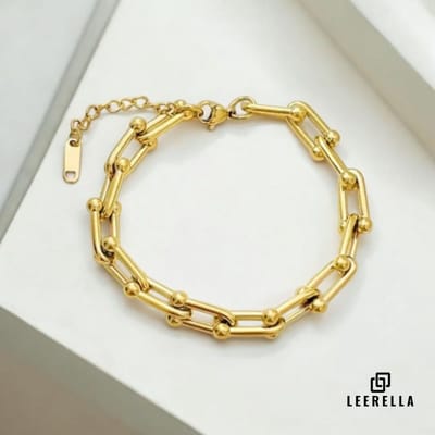 Leerella Exclusieve U-Vormige Schakel Armband – Luxe RVS Accessoire in Goud-Kleur – Verstelbaar & Duurzaam 16+5 cm