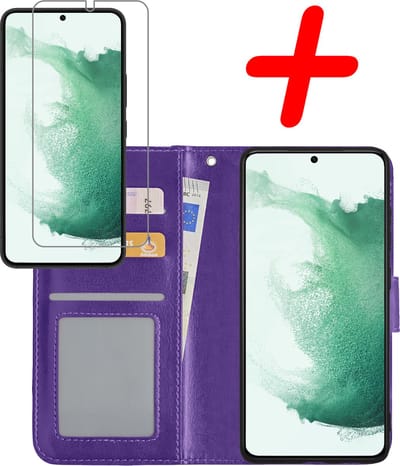 Hoesje Met Screenprotector - Geschikt voor Samsung Galaxy S22 - Luxe Pasjeshouder - Bookcase Portemonee - Flip Case - Kunstleer Book Case - Flipcase - Book Cover - Walletcase - Portemonneehoes - Paars