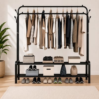 MeubelsvanJoep® Industrieel Kledingrek - Metaal - 110x54x150 CM - Mat zwart poedercoating - Opbergruimte Voor Schoenen - Garderoberek Met Haken