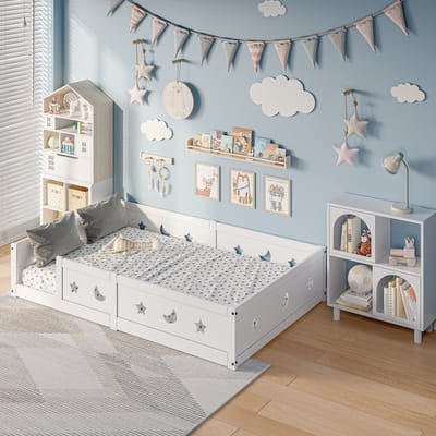 Vloerbed - Kinderbed 140x200 cm - Vloerbed met valbeveiliging - Montessori bed - Wit