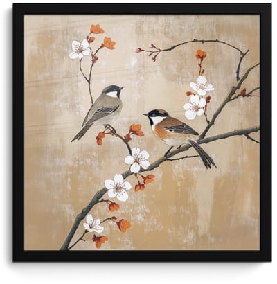 Poster in lijst - Fotolijst 40x40 cm - Posters - Vogels - Bloesemtak - Bloemen - Oranje - Posterlijst zwart - Decoratie - Wanddecoratie woonkamer - Muurdecoratie slaapkamer