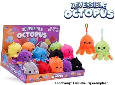Pluche Octopus Sleutelhanger - 1 willekeurig exemplaar - 12 cm groot - Mood Knuffel Omkeerbaar - Reversible Plush - Blij en Boos