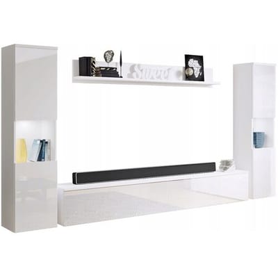 Moderne Woonkamer Wandmeubelset – 4-delig – TV-Meubel 180 cm, 2 Vitrinekasten & Wandplank – Hangend of Staand – Wit Hoogglans & Wit Mat